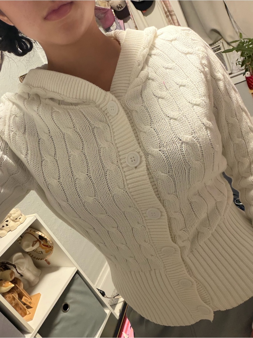Cable Knit Hooded Button-Front Cardigan - Cream